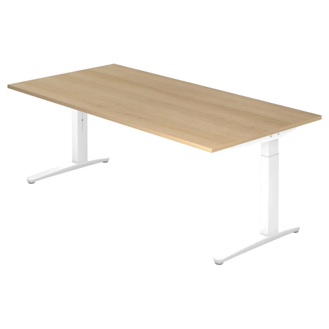 Scrivania regolabile in altezza XTRA XB 2E WW con piano in rovere rustico e struttura bianca di hjh OFFICE PRO