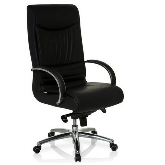 Sedia girevole XXL F 400 con rivestimento in pelle nera e base a stella cromata di hjh OFFICE