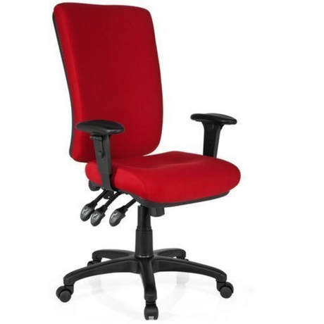 Sedia da ufficio professionale ZENIT HIGH con rivestimento in tessuto rosso, braccioli neri e base a stella con ruote di hjh OFFICE